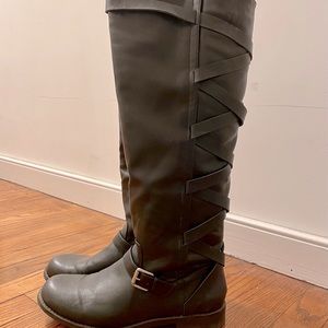 Knee High Black Boots Criss Cross Pattern & Buckle